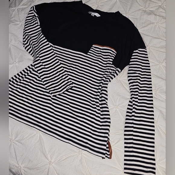 Faux Leather Trim Pocket Striped Long Sleeve - Picture 2 of 7